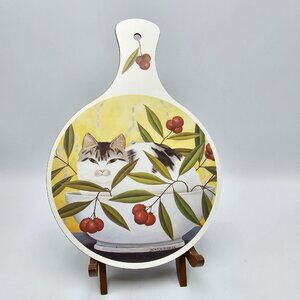 Happy Cat In A Bowl Of Cherries Trivet Hard Board Plaque 1996 Diana Jackson 9"